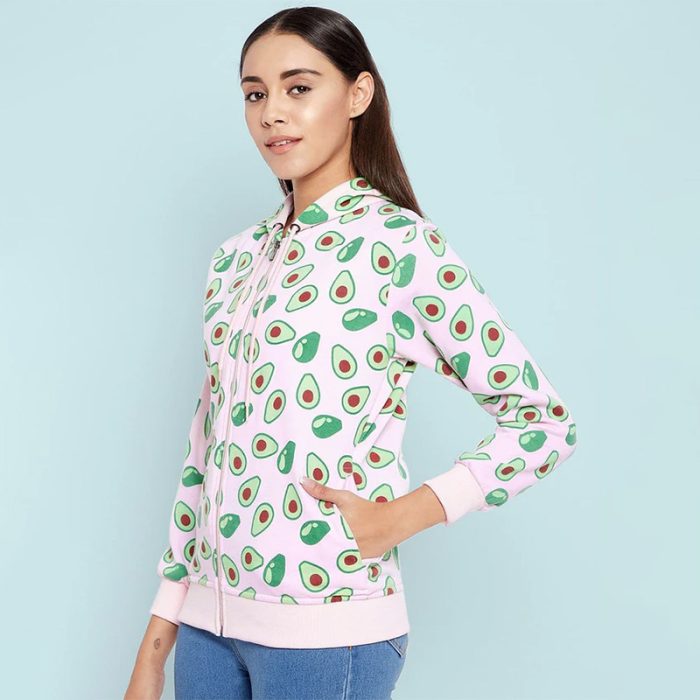 Avocado Print Cotton Zippered Hoodie with Pockets