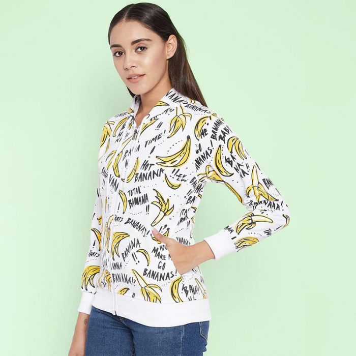 Banana Print Cotton Zippered Hoodie with Pockets