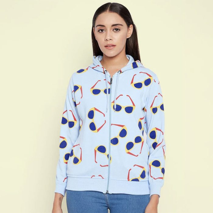 Sunglass Print Cotton Zippered Hoodie with Pockets