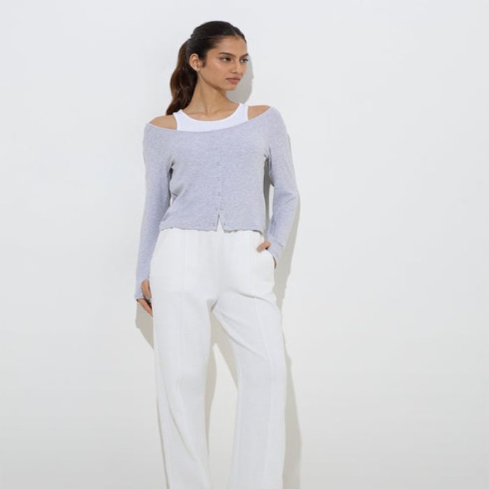 Studiofit Grey Melange Ribbed-Textured T-Shirt