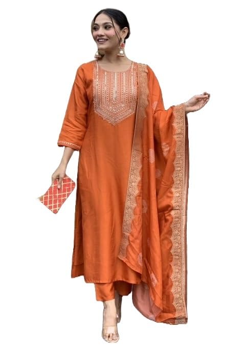 Nermosa Women Embroidery Silk Straight Kurta and Pant Set with Dupatta