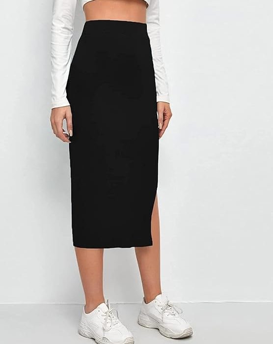 ALYNE Women's Elastic Waist Pencil Bodycon Midi Skirt - High Waisted with Side Slit Below Knee Length Elegance for Women