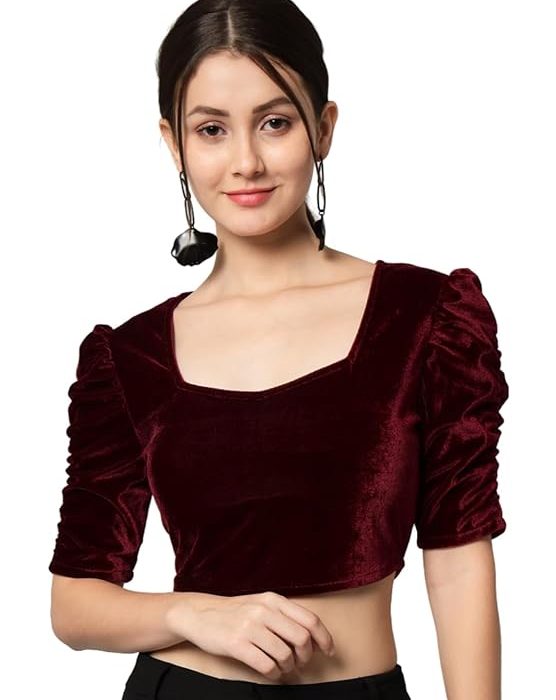 Vaararo Velvet Blouse Tops for Women | Party Puff Sleeves Readymade Outfit