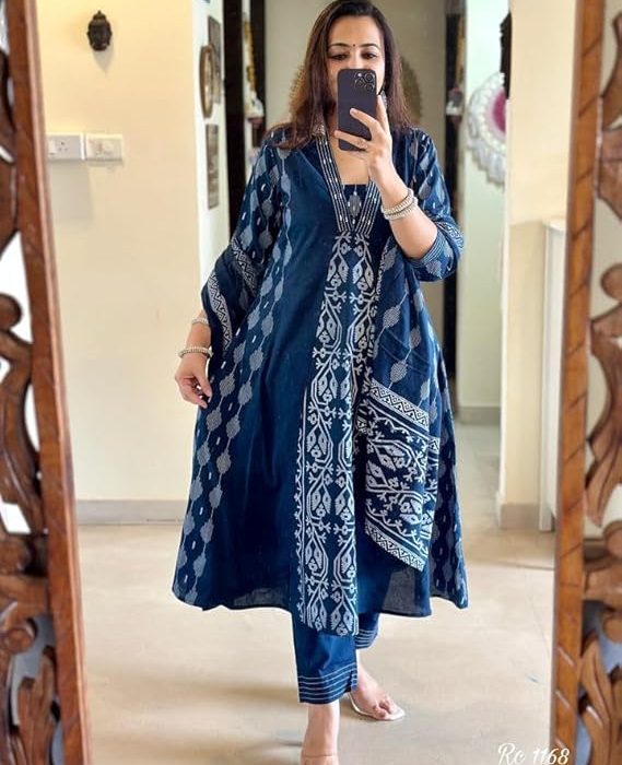 Rangnavi Women's Cotton Anarkali Printed Kurta with Palazzo & Dupatta Set