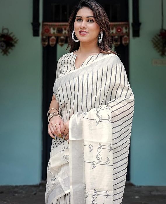 SIRIL Women's Cotton Linen Printed Saree with Unstitched Blouse Piece