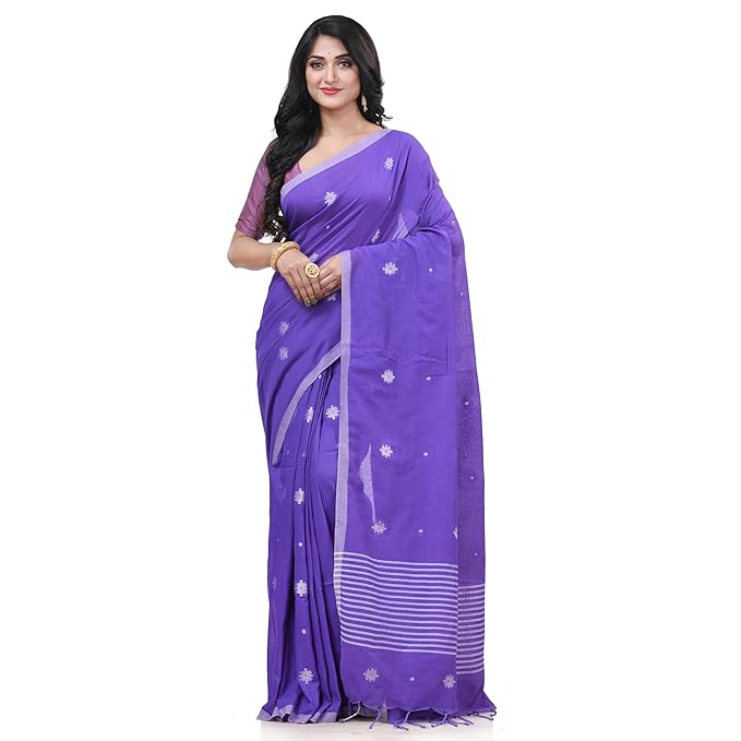 DB DESH BIDESH Women`s Bengal Cottan Silk Handloom Cotton Saree Purple Star Design With Blouse Piece
