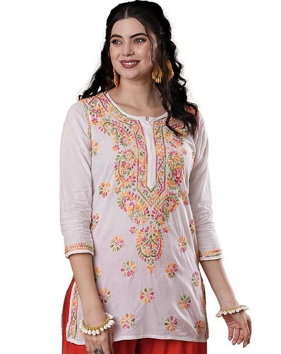 Ada Women's Cotton Straight Fit Tunic Hand Embroidered Lucknow Chikankari Straight Short Kurti Top