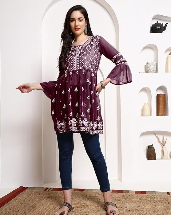 EthnicJunction Women's Georgette Regular Fit Tunic Chikankari Embroidered Short Kurti