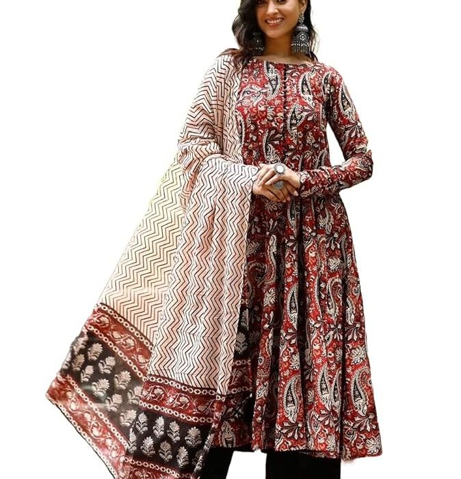Nermosa Women Printed Anarkali Kurta and Pant Set with Dupatta