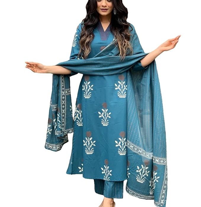 GoSriKi Women's Rayon Blend Straight Printed Kurta with Pant & Dupatta