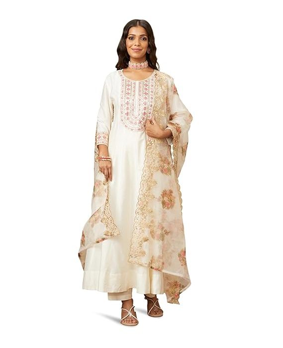 Amazon Brand - Myx Women's Embroidered Anarkali Kurta Pant Set with Organza Dupatta