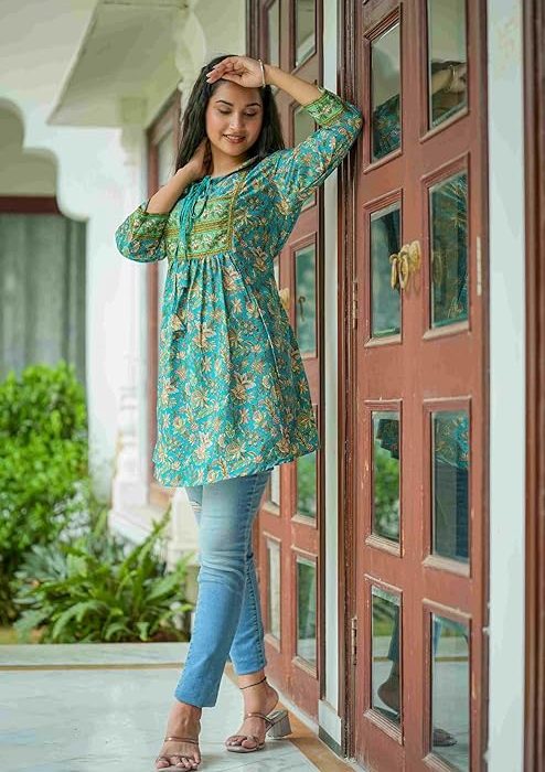 Yash Gallery Women's Polyester Relaxed Fit Short Floral Placet 3/4 Sleeve and Keyhole Neck Printed Kurti