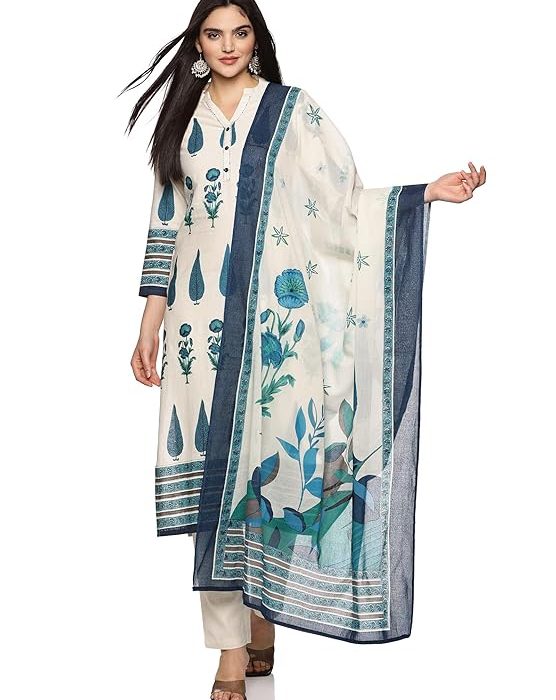 RAJMANDIRFABRICS Women's Cotton Hand Block Printed with Thread Work Straight Kurta Pant with Dupatta Set