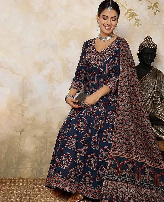 GEKHA|Women's Red Cotton Printed Flared Kurta with Cotton Pant and Cotton Printed Dupatta Sets