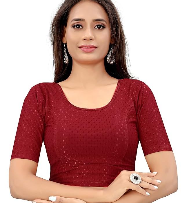 SAGIBO Round Neck Dobby Cotton Lycra Stretchable Elbow Sleeve Readymade Saree Blouse for Women Stylish