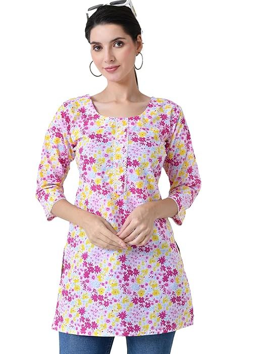 Liboza Pure Cotton Short Kurti for Women with Sleeves, Kurtis Tops Tunics Stylish Kurta for Ladies