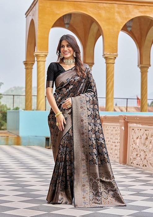 SWORNOF Womens Kanjivaram Silk Saree with Zari Woven Saree With Blouse Piece