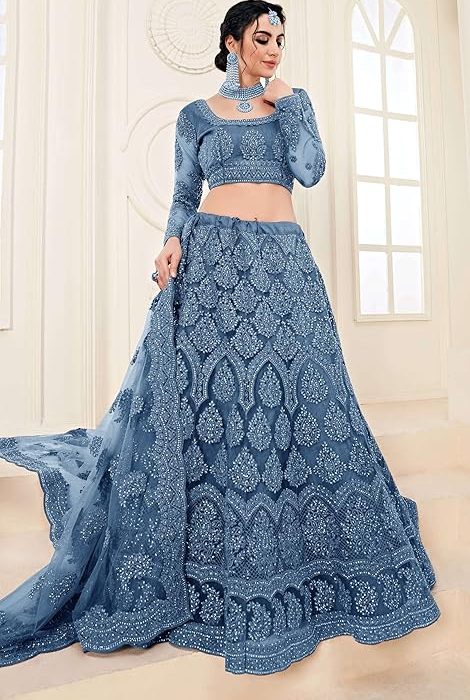 PATLANI Women Net Letest Design Chain Embroderied Work Woman S Flered Semi-Stitched Lehenga Choli